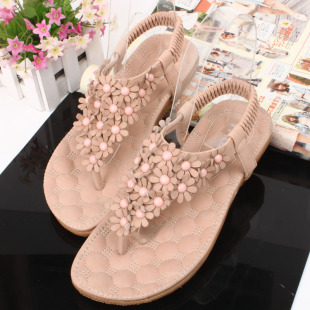  波西米亚风夹脚凉鞋 夹趾夏季女凉鞋 铆钉复古花朵韩版按摩底凉鞋