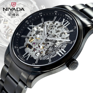  瑞士品牌尼维达正品全自动机械表 商务防水 镂空黑钢带 男士手表