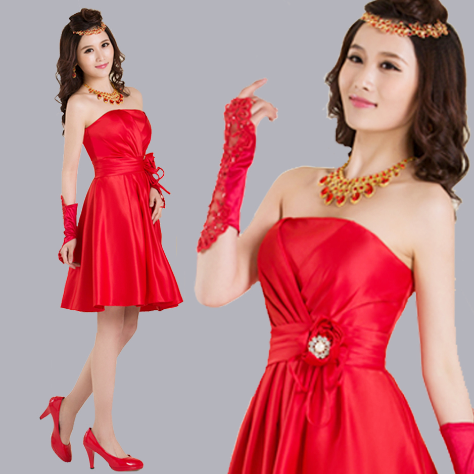 2014秋季最新款短款抹胸婚纱礼服新娘公主红色敬酒服伴娘晚装裙女