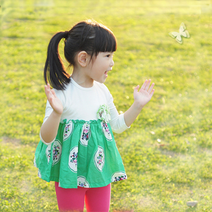  幸福旅行 韩版童装女童夏装七分袖打底衫儿童胸花短袖印花T恤