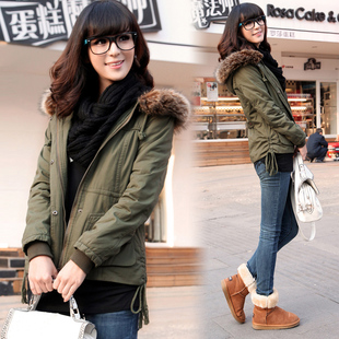  冬季韩版女装加绒棉服 军绿色工装大毛领短款保暖加厚棉衣女