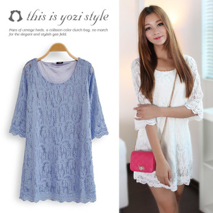韩版淑女圆领中袖镂空...