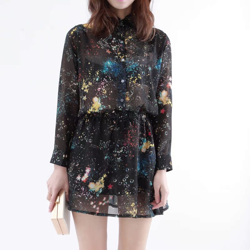 长袖收腰显瘦印花衬衫...