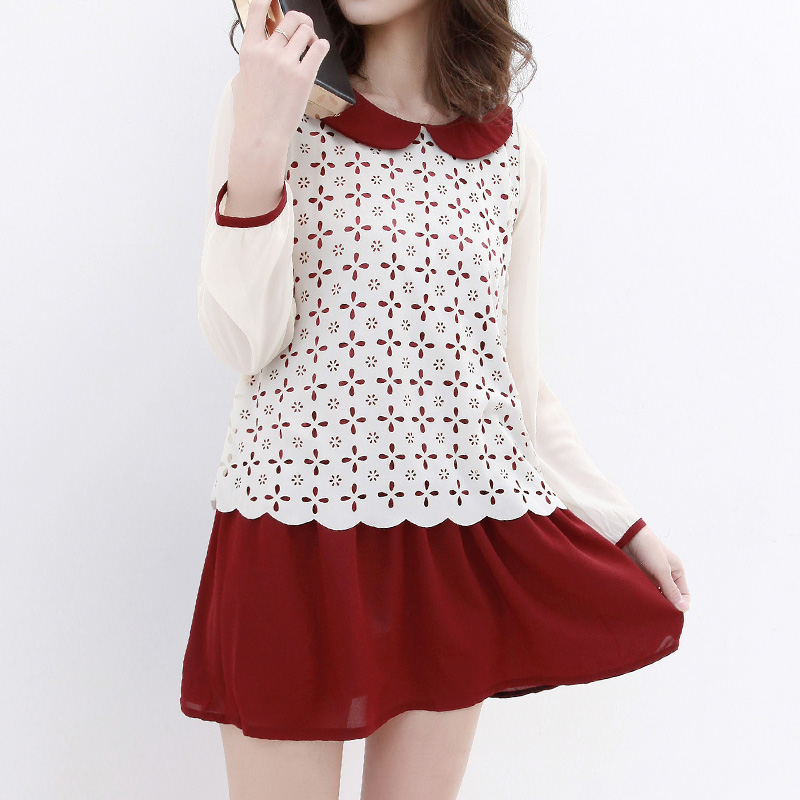 韩版撞色翻领长袖镂...