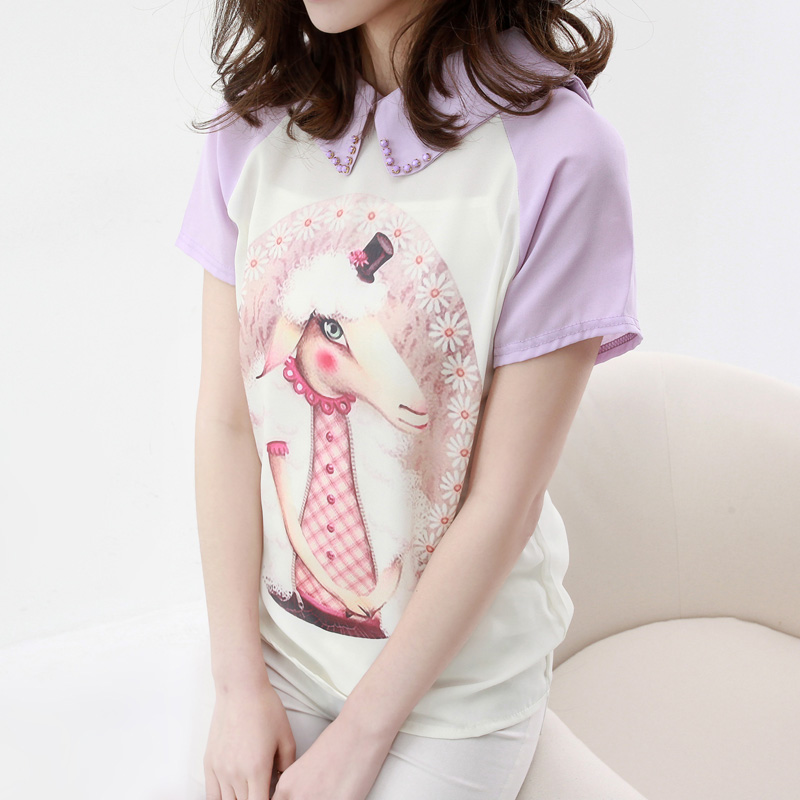 韩版钉珠小翻领短袖...