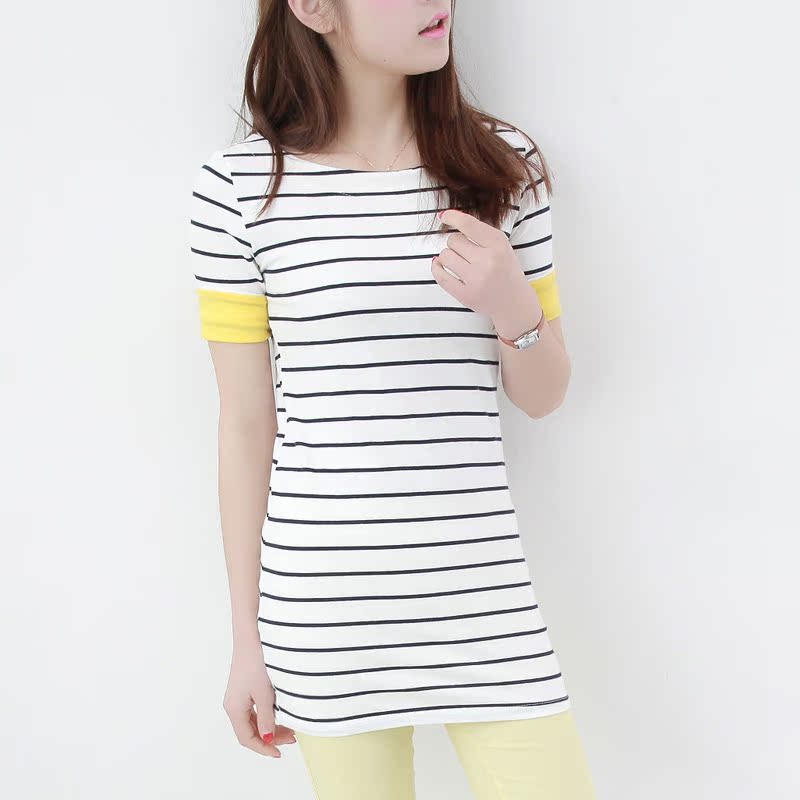 韩版大圆领中袖横条...