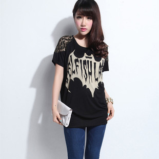  夏季新款女装莫代尔宽松大码蕾丝拼接蝙蝠衫短袖T恤胖mm包臀