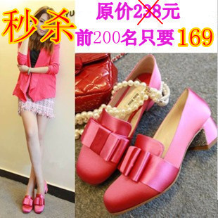  MIU春款女鞋子 新款单鞋欧美粗跟中跟单鞋真皮绸缎蝴蝶结婚鞋