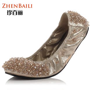  包邮珍百丽 新品单鞋 女鞋平跟平底  甜美水钻串珠鞋 潮鞋子