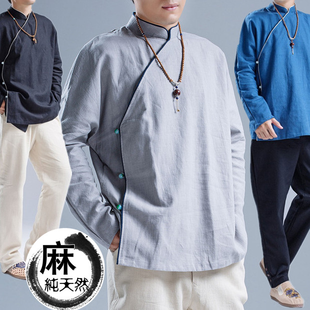 中國風春夏男文藝亞麻玉扣茶服禅服旅遊拍照休閑長袖上衣襯衣外套在類目 男裝, 民族服裝中 - 來自Buy2taobao.com提供專業的淘寶代購服務