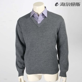  海尔曼斯新款正品男士休闲V领羊毛衫 偏厚纯羊毛百搭毛衣