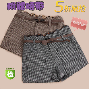  【天天特价】冲冠包邮秋冬韩版休闲千鸟格子毛呢短裤女靴裤显瘦
