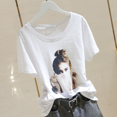 人物印花短袖t恤女ins潮夏2019新款圆领白色竹节棉宽松半袖上衣42