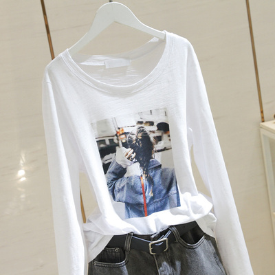 长袖印花t恤女宽松2019秋季新款圆领白色竹节棉修身显瘦上衣D273