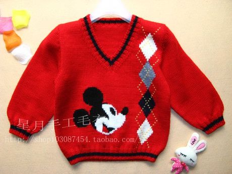 V字领<em>米奇图案</em> 纯手工编织儿童<em>毛衣</em> 童装 手工