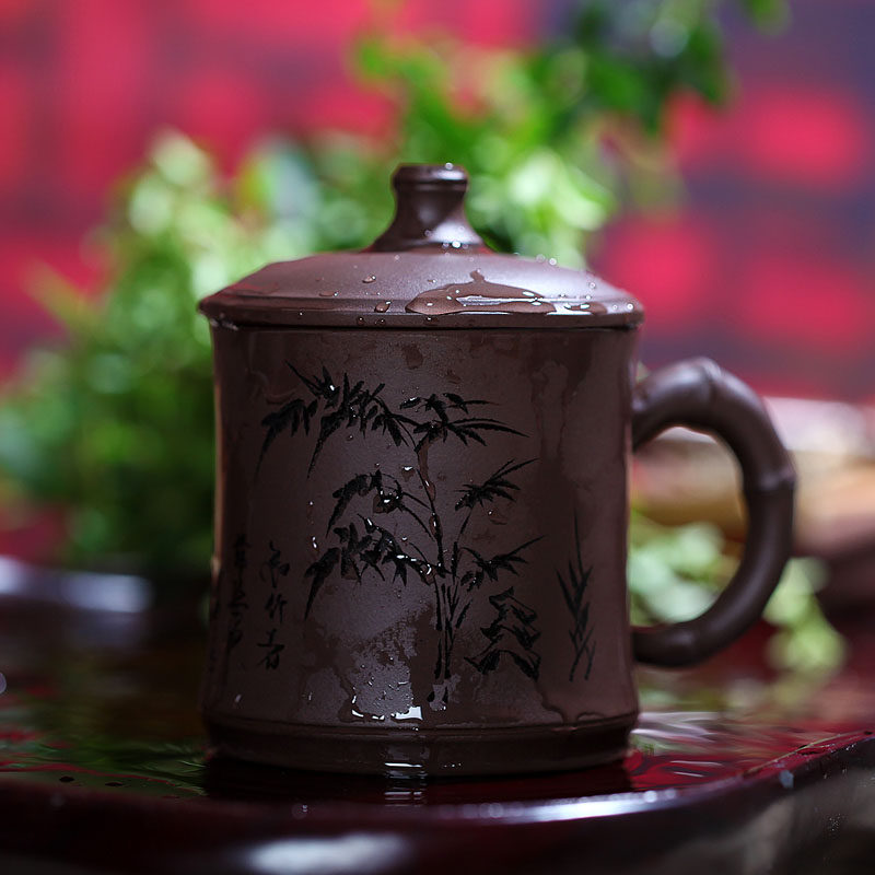 悦目清心 紫砂杯 紫泥紫砂杯 宜兴正品   全手工 手刻竹叶 办公杯
