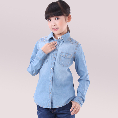 <em>女童</em>长袖<em>衬衣</em> 儿童牛仔<em>衬衫</em>7-<em>8岁</em>11-12岁女中