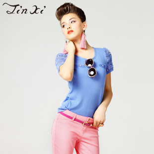  金熹 夏季新款百搭 蕾丝拼接打底短袖女t恤衫J31904