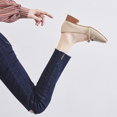 ZHR2019新款玛丽珍中跟英伦小皮鞋方头奶奶鞋粗跟春季单鞋女春款