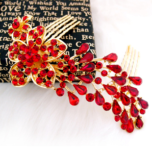  五瓣花红色水钻发梳 韩式新娘盘发头饰品头花 结婚发饰插梳配婚纱