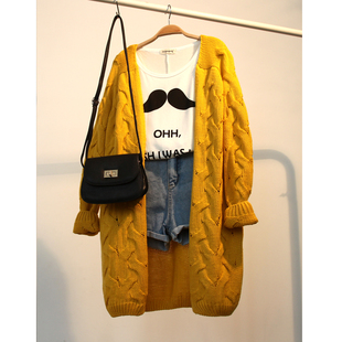 韩国复古秋冬棒针手工编织中<em>长款</em>宽松麻花<em>毛衣</em>