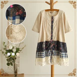  日系碎花格子蕾丝拼布短袖长款T恤打底 森女系夏装新款9860