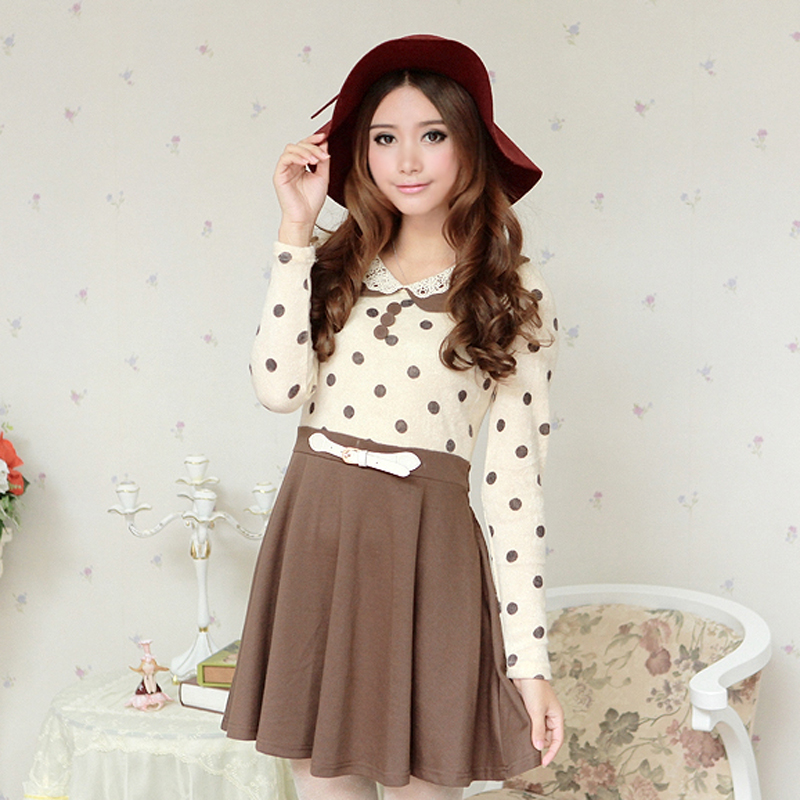 韩版复古纯色修身连衣裙...