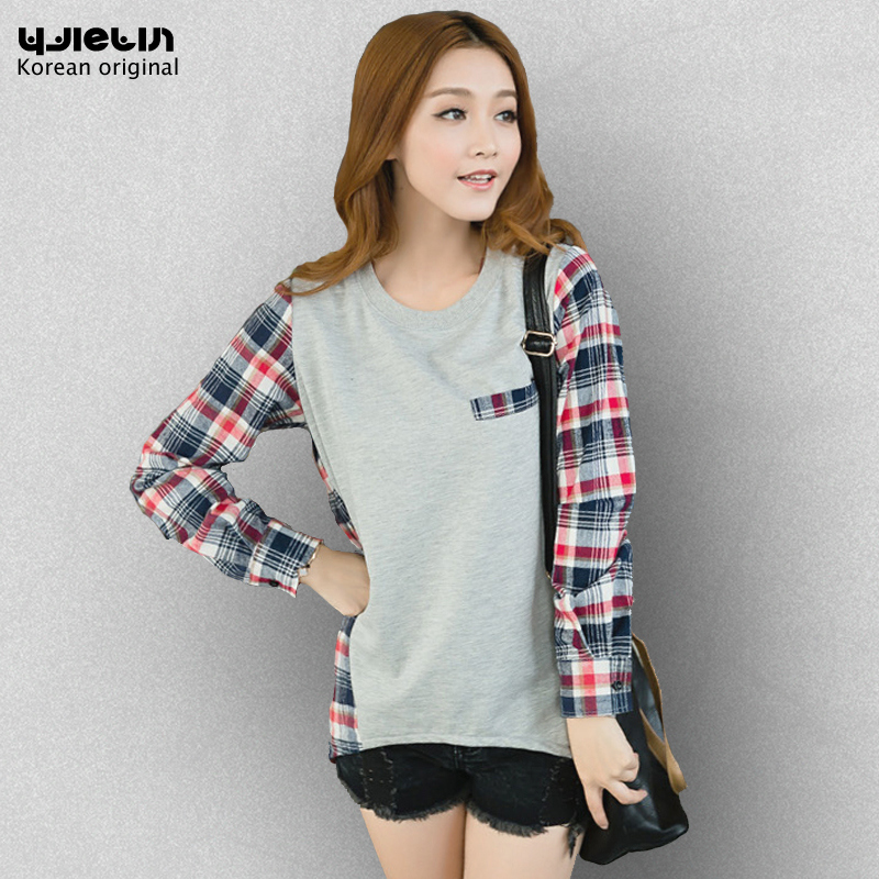 韩版格子拼接长袖...