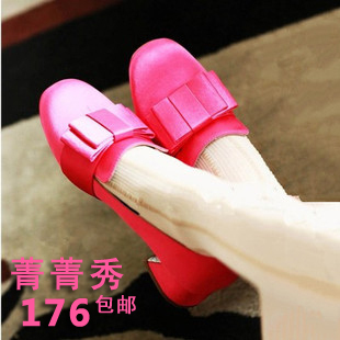  菁菁秀春季新款真皮绸缎女鞋粗跟单鞋女蝴蝶结婚鞋中跟miu家