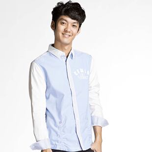  森马semir 春装新款男款条纹拼接印花修身款长袖衬衫原价139元