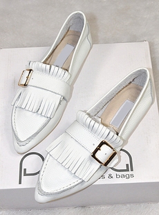  夏季新款平底尖头真皮单鞋 英伦流苏平跟浅口女鞋低帮小白鞋