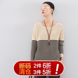  初语低圆领条纹针织衫 中长款套头毛衣 女 蝙蝠袖打底衫