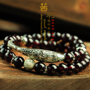  茜利鱼泰银天然酒红石榴石女生手链手串佛珠多层复古原创水晶饰品