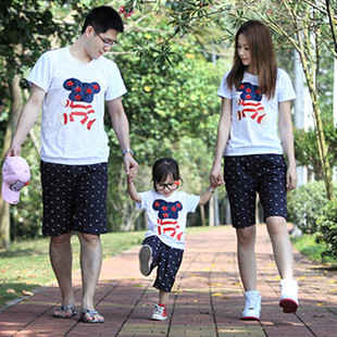 亲子装夏装全家装母女装母子装家庭装韩版时尚短袖T恤短裤可套装