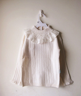 秋冬童装 女童百搭蕾丝半高领白色羊毛混纺毛