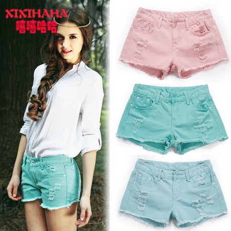 2013夏季休闲<em>糖果</em>彩色<em>磨破短裤</em>女牛仔破洞短