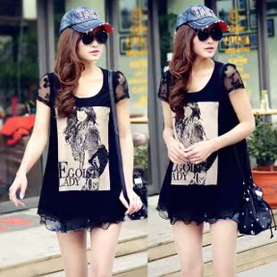  夏装新款韩版短袖T恤女大码女装中长款印花蕾丝拼接百搭清新