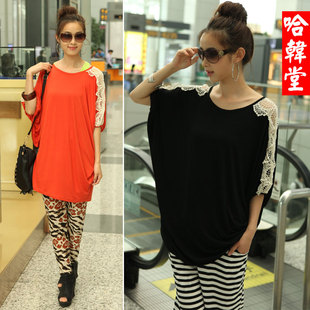  大码女装胖mm夏装宽松短袖t恤潮韩版中长款蕾丝蝙蝠衫T恤显瘦