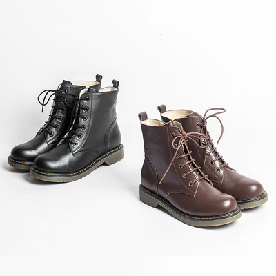 18年秋冬英伦风复古拉链学生系带头层牛皮加绒平底马丁靴机车女鞋