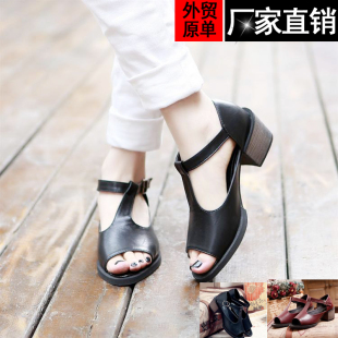  欧美英伦复古学院风方跟大牌原单凉鞋女中跟鱼嘴鞋 女 新款