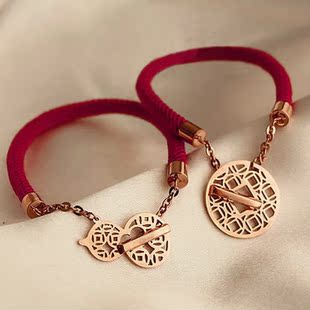  中国风本命年转运手绳百搭葫芦铜钱红手链镀18K玫瑰金钛钢饰品