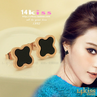  韩国梵克雅宝韩版18k金黑色钛钢玫瑰金四叶草耳环耳饰耳钉女饰品