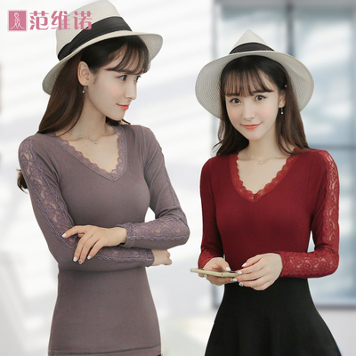保暖内衣女上衣加厚加绒冬季无缝美体紧身蕾丝V领打底衫女长袖