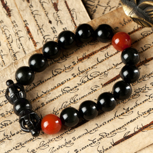  『天珠传奇』 定制款黑曜石配红玛瑙金刚杵佛珠手串 当卡寺开光