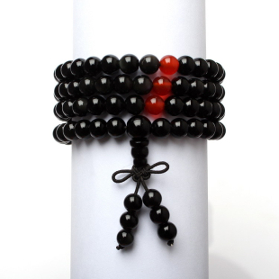  淘金币 开光天然黑曜石108颗佛珠手链男士女玛瑙蛇本命年礼物