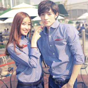  新品上架 韩国英伦风蓝底圆点纯棉时尚长袖情侣装衬衫 衬衣 班服