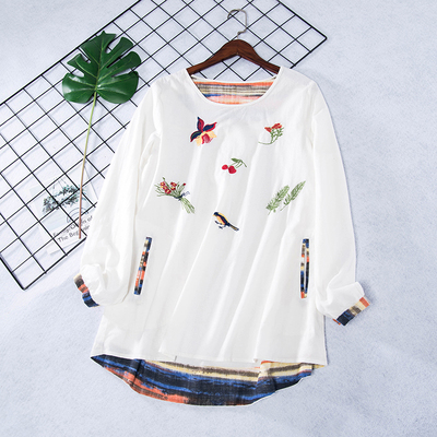 春季新款民族风花朵樱桃小鸟刺绣棉麻套头衬衫7450