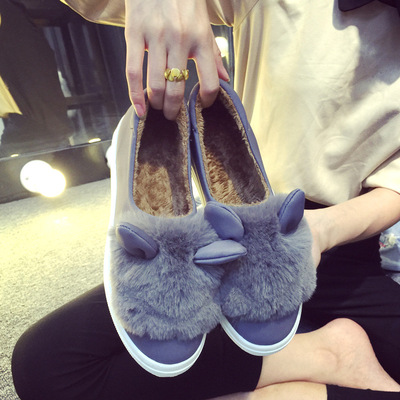 豆豆鞋冬季女百搭韩版可爱毛毛鞋女兔耳朵一脚蹬女鞋加绒棉鞋懒人