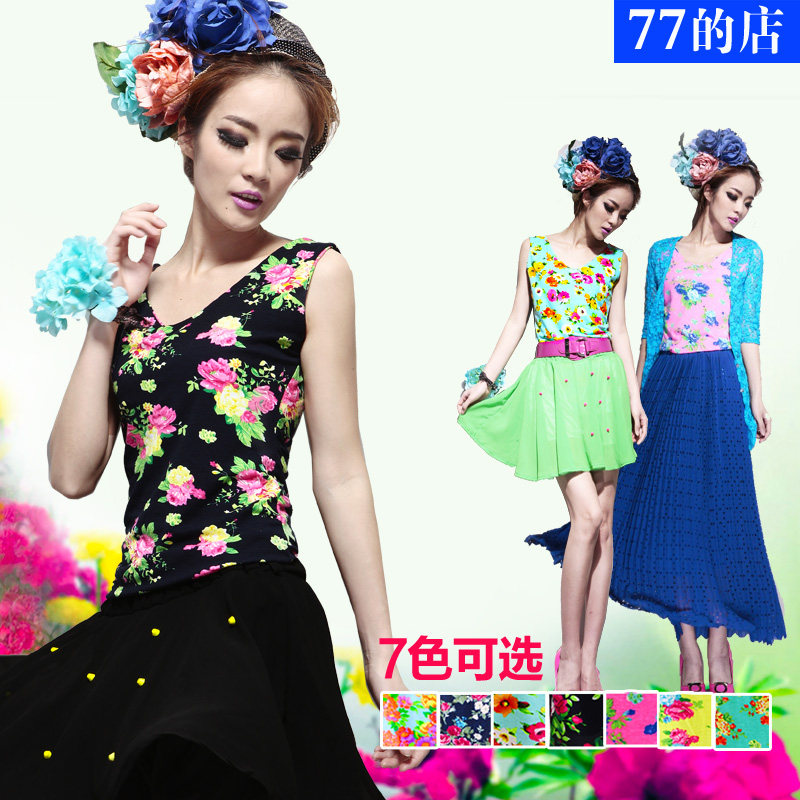 77的店 2013夏季新款女装 欧美时尚碎花修身印花V领无袖背心T