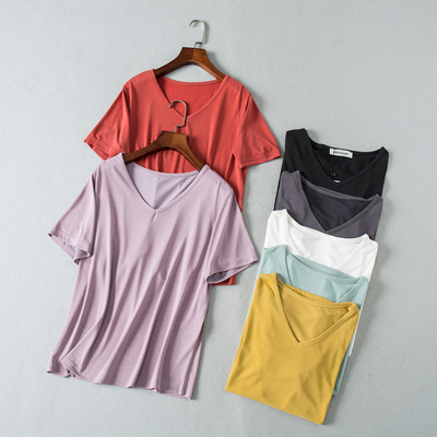 好质量！顺滑铜氨丝T恤衫夏季基础款百搭纯色V领宽松短袖T恤女
